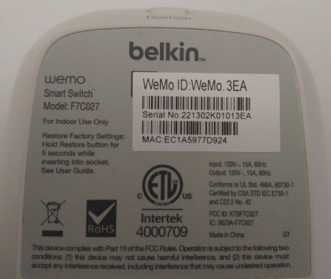 Belkin F7C027 WeMo Switch Smart Plug Home Appliance Automation