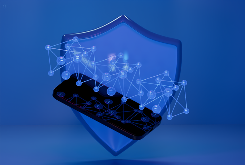 A black smartphone floating in front of a glossy blue shield, overlaid with a glowing blue digital network lattice on a blue background.