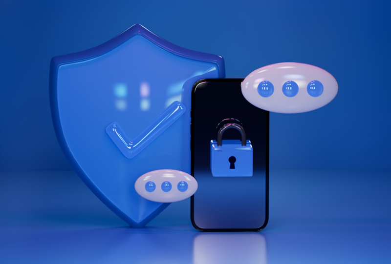 A 3D illustration of a smartphone with a padlock, a security shield with a checkmark, and floating password dots, symbolizing secure mobile authentication.