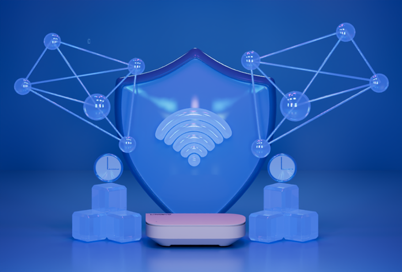 A 3D illustration of an internet router protected by a large Wi-Fi security shield, symbolizing secure network connections and wireless privacy.