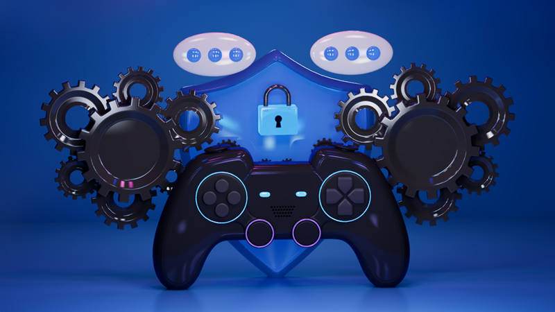 A 3D illustration of a video game controller with a security shield, padlock, and gears, representing gaming security and privacy settings.
