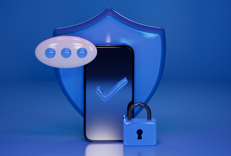 A 3D illustration of a smartphone with a checkmark, a padlock, a safety shield, and floating password dots, representing successful mobile security or verification.