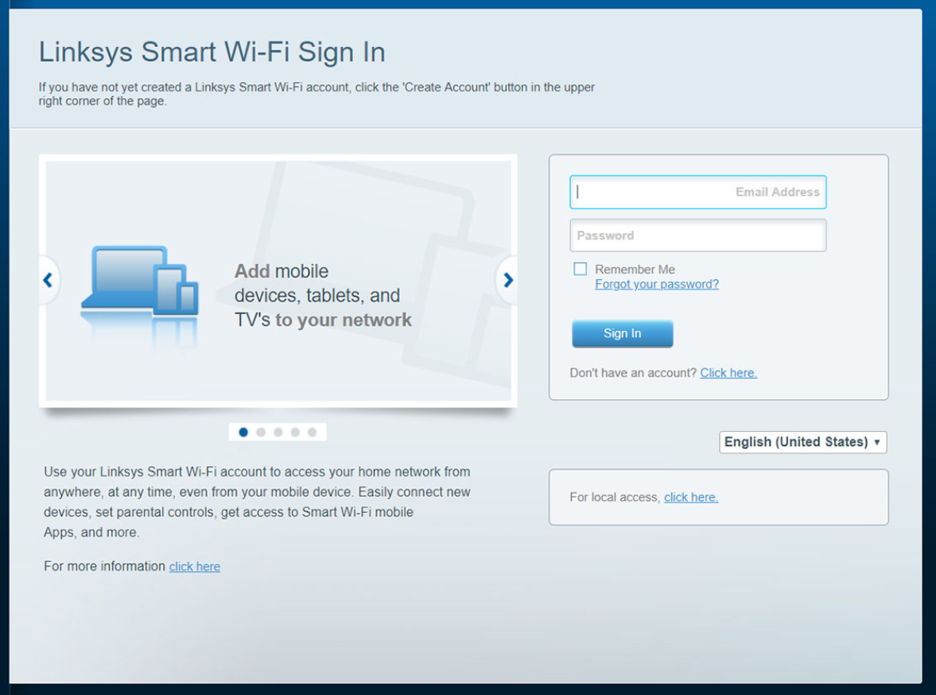 Linksys smart WiFi sign in page