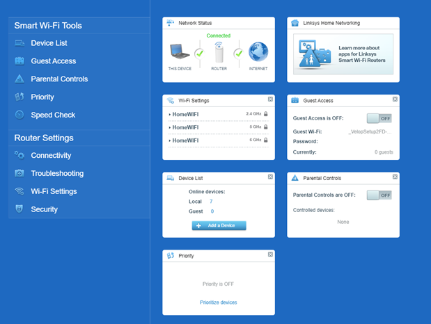 Linksys Smart Wi-Fi main dashboard