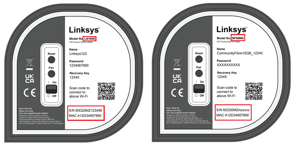 LN and SPNM series Model numbers, serial numbers, and MAC address