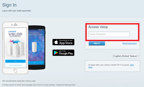 Linksys Smart WiFi Sign In page