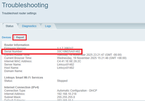 Report sub-tab showing the Serial Number