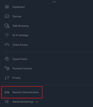 Linksys app menu showing Network Administrations