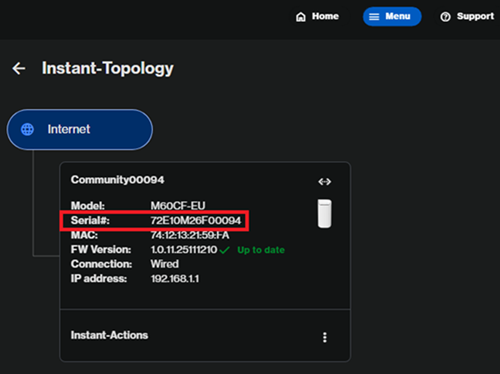 Instant-Topology menu showing Serial number