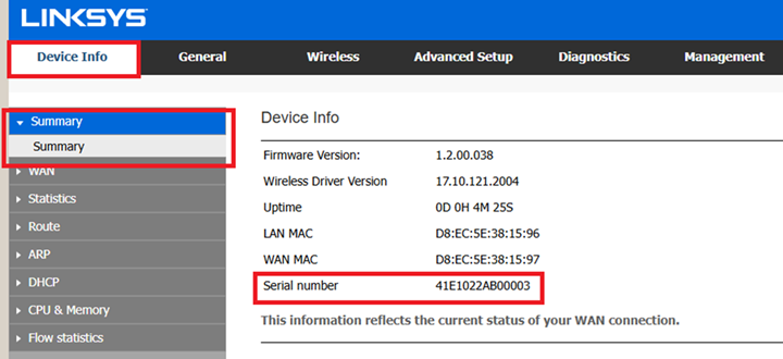 Decive Info showing Serial number