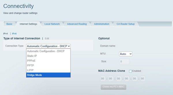an image of the router's connectivity internet settings