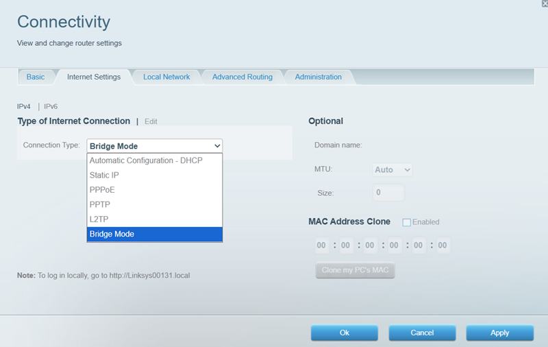 an image of the router's connectivity internet settings