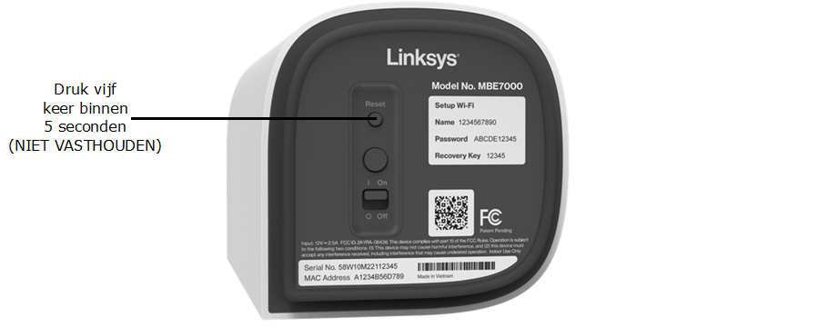 An illustration of the node's bottom panel showing the Reset button. Press 5 times within 5 seconds (Do not hold the button down)