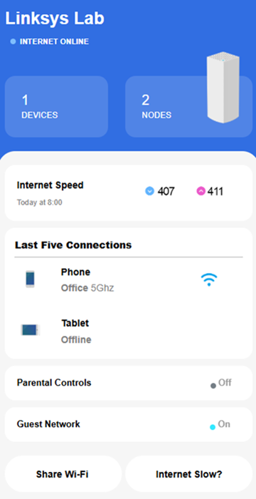Internet Slow tab on the Dashboard