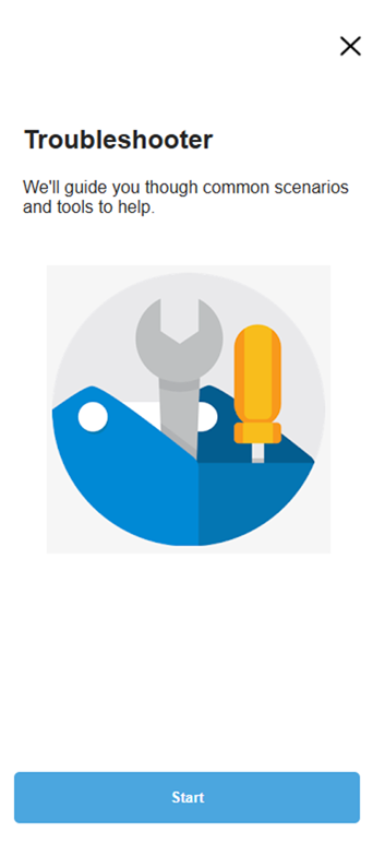 Troubleshooter tool showing the Start button