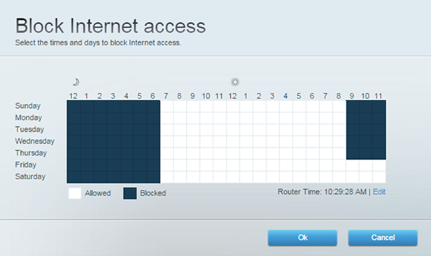 Click the squares that represent the times you want to restrict internet access