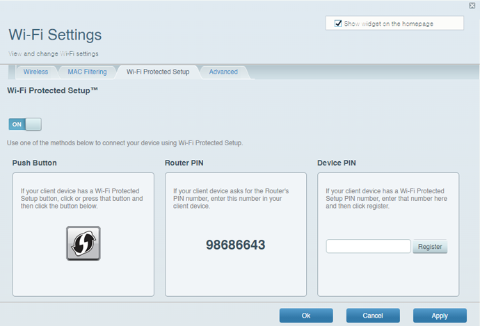 Wi-Fi Protected Setup tab of Wi-Fi Settings tool