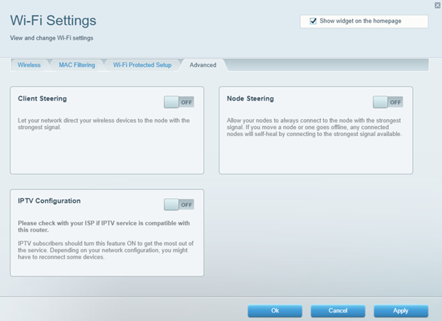 Advanced tab of Wi-Fi Settings tool