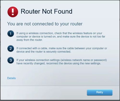 Router Not Found error screen