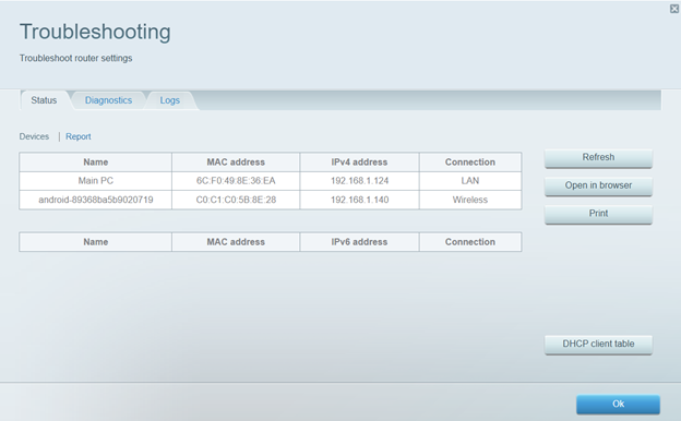 Devices subtab in Status tab