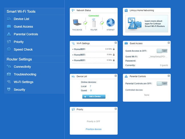 A screenshot of the Linksys Smart WiFi main dashboard