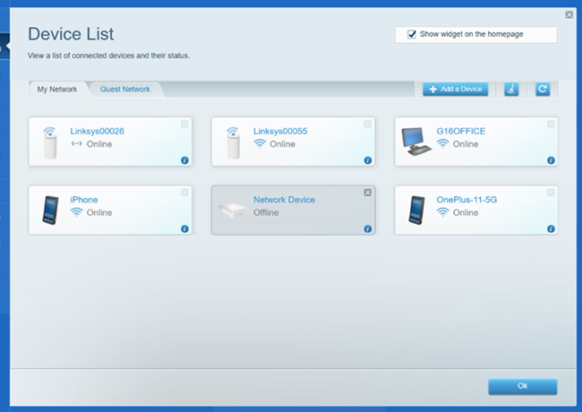A screenshot of the Device List feature with My Network tab on display