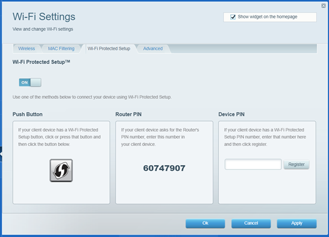 A screenshot of the Wi-Fi Settings feature with Wi-Fi Protected Setup tab on display