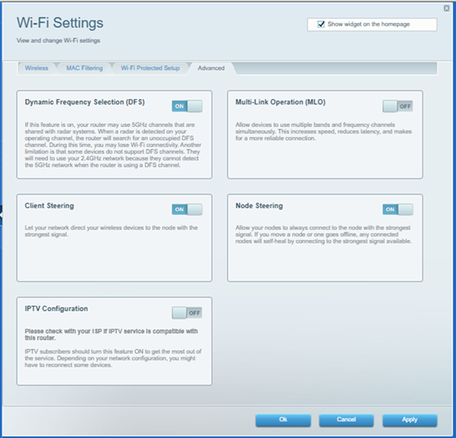 A screenshot of the Wi-Fi Settings feature Advanced tab on display