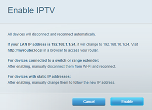 Enable IPTV screenshot with Cancel and Enabled buttons