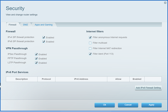 A screenshot of the Security feature with Firewall tab on display