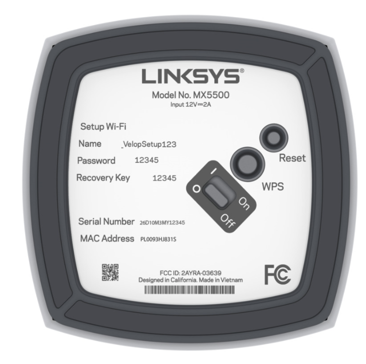 Bottom panel of a Linksys Velop router showing the location of the power switch, WPS button, and the Reset button