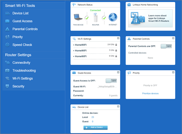 Overview of the Linksys MX6200 router's LinksysSmartWiFi.com page ...