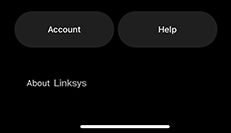 Acount and Help buttons with About Linksys showing