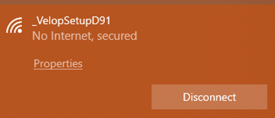 A screenshot of a Wi-Fi network selection menu showing a connection to a network named _VelopSetupD91. The status text directly underneath reads "No Internet, secured", with a clickable link for "Properties" below it and a "Disconnect" button in the bottom right corner.