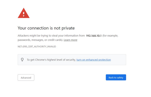 Google Chrome security warning page stating "Your connection is not private" for the IP address 192.168.10.1 with the error code NET::ERR_CERT_AUTHORITY_INVALID. The page displays an "Advanced" button and a blue "Back to safety" button.