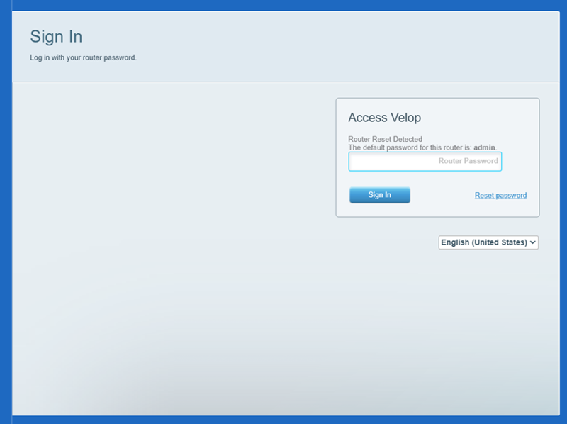 Linksys Velop router sign-in page featuring an "Access Velop" box that displays a "Router Reset Detected" notification, states the default password is "admin", and provides a password text field alongside a blue "Sign In" button.