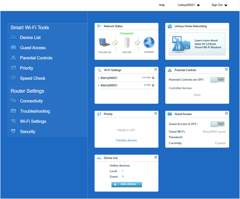 Linksys Smart Wi-Fi dashboard interface displaying a left-hand navigation menu under "Smart Wi-Fi Tools" and "Router Settings". The main area contains status widgets for Network Status (showing a connected status), Wi-Fi Settings, Parental Controls, Priority, Guest Access, and a Device List showing one connected local device.