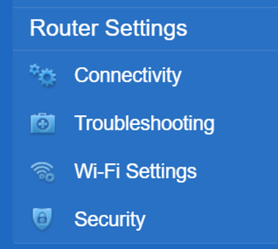 Router Settings menu sidebar from a router configuration interface showing four vertical options on a blue background: Connectivity, Troubleshooting, Wi-Fi Settings, and Security, each accompanied by its respective icon.