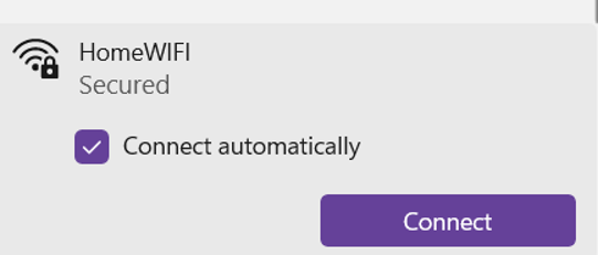 Wi-Fi connection menu box displaying a secured network named HomeWIFI. A checked purple box indicates "Connect automatically" is enabled, positioned right above a purple "Connect" button.