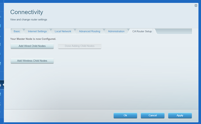 Connectivity menu page in a router interface stating "Your Master Node is now Configured." Under the active "CA Router Setup" tab, it displays buttons to "Add Wired Child Nodes" and "Add Wireless Child Nodes," alongside a greyed-out "Done Adding Child Nodes" option.