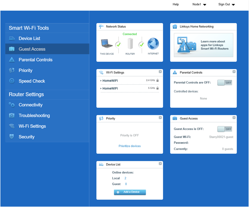 Smart Wi-Fi dashboard with the "Guest Access" option highlighted in the left navigation sidebar. The main view displays six configuration widgets, including a Network Status widget confirming a live internet connection and a Device List widget showing 2 online local devices.
