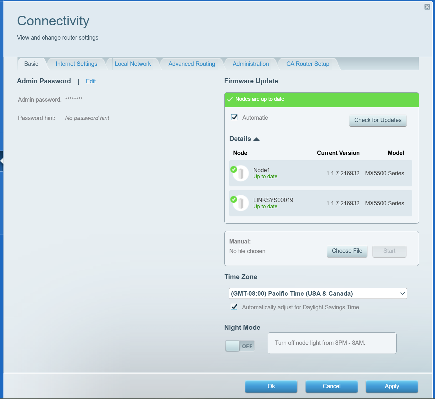 Connectivity settings page displaying configuration tabs for Basic, Internet Settings, Local Network, Advanced Routing, Administration, and CA Router Setup.