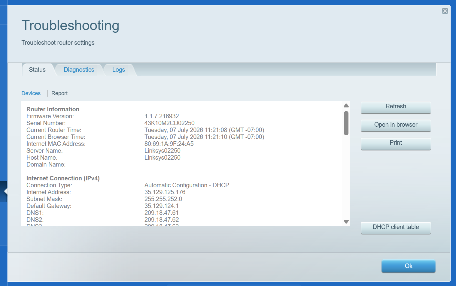 Troubleshooting settings