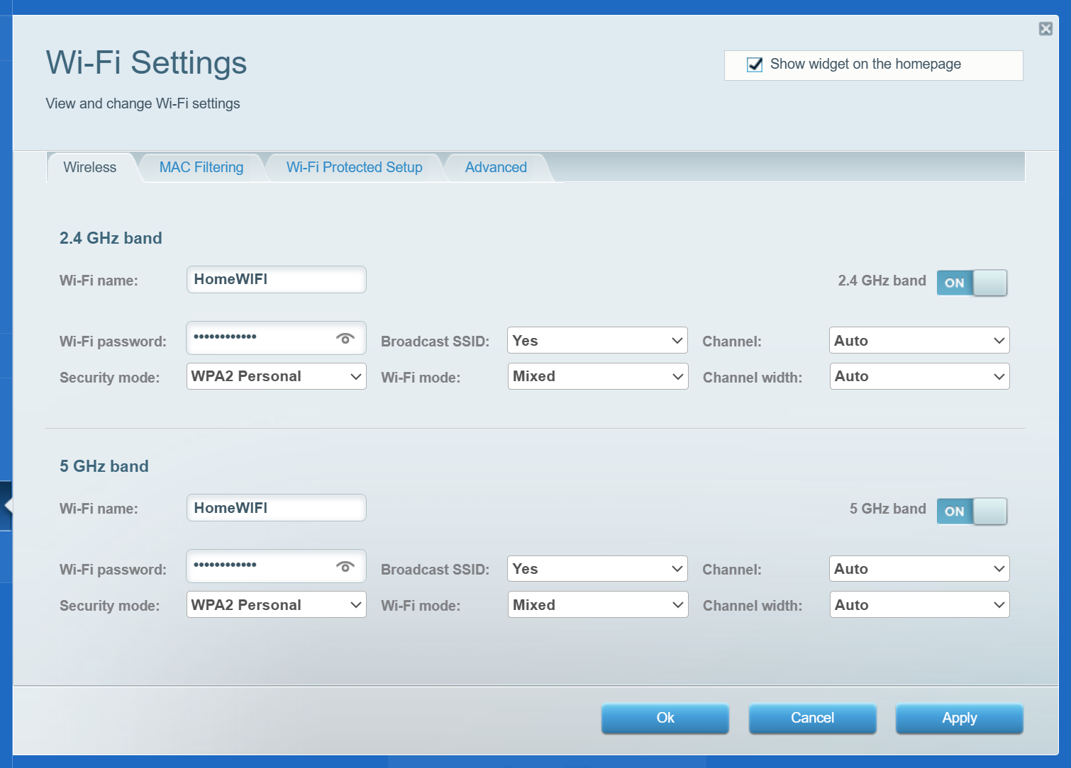 Wi-Fi Settings configuration screen displaying fields for Wi-Fi Name (SSID), password, security type, channel selection, channel width and more.