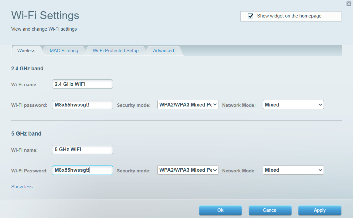Wireless Settings section of the router's web interface