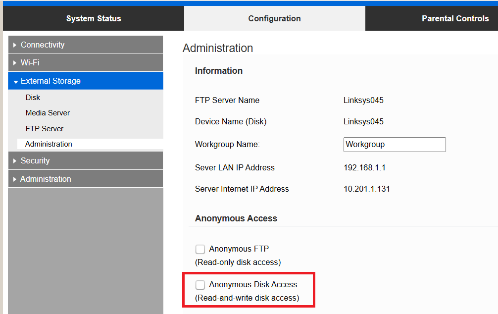 An interface of a Linksys router administration panel showing the "External Storage" configuration page