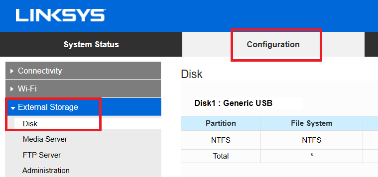 Navigate to the Configuration tab, then select External Storage followed by Disk.