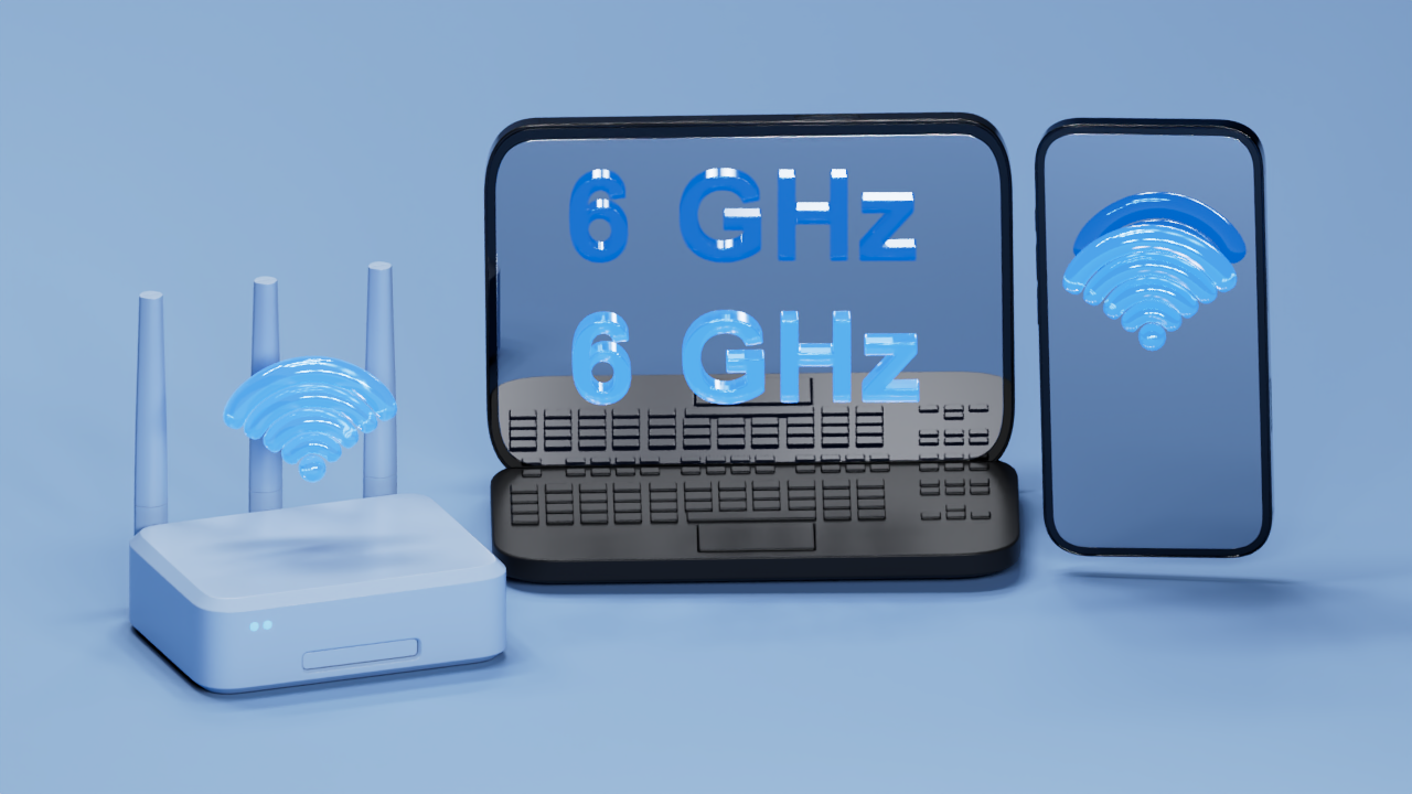 Wi-Fi router connected to a laptop and smartphone over a 6 GHz wireless network