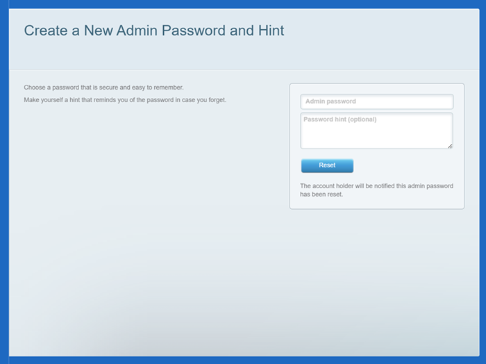 Create a New Admin Password and Hint screen