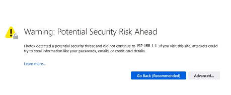 “Potential Security Risk Ahead” warning page in Firefox
